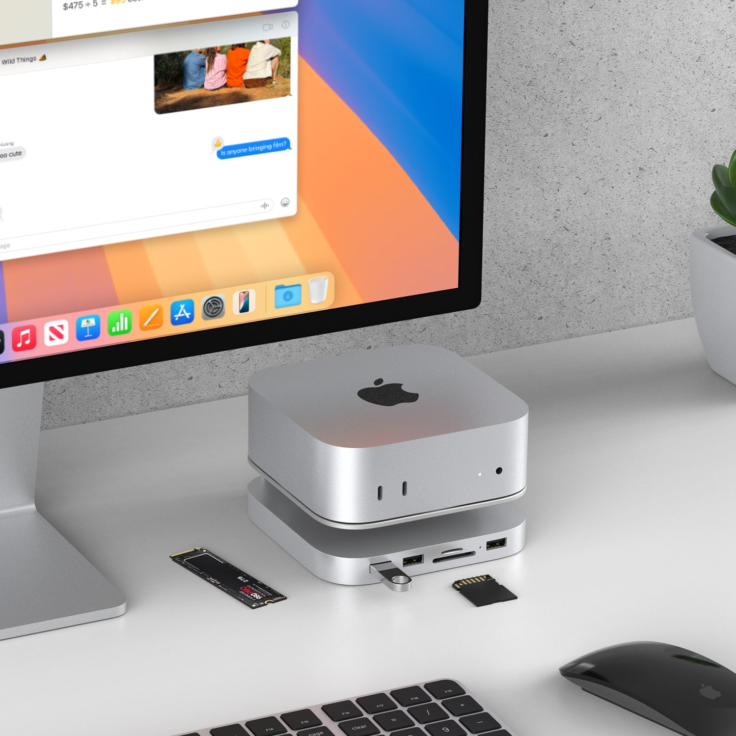 Gewokliy Mac Mini M4 Stand&Hub with M.2 NVMe SSD Enclosure, 4K@60Hz HDMI USB-A 10Gbps, SD/TF Card Readers (Silver)