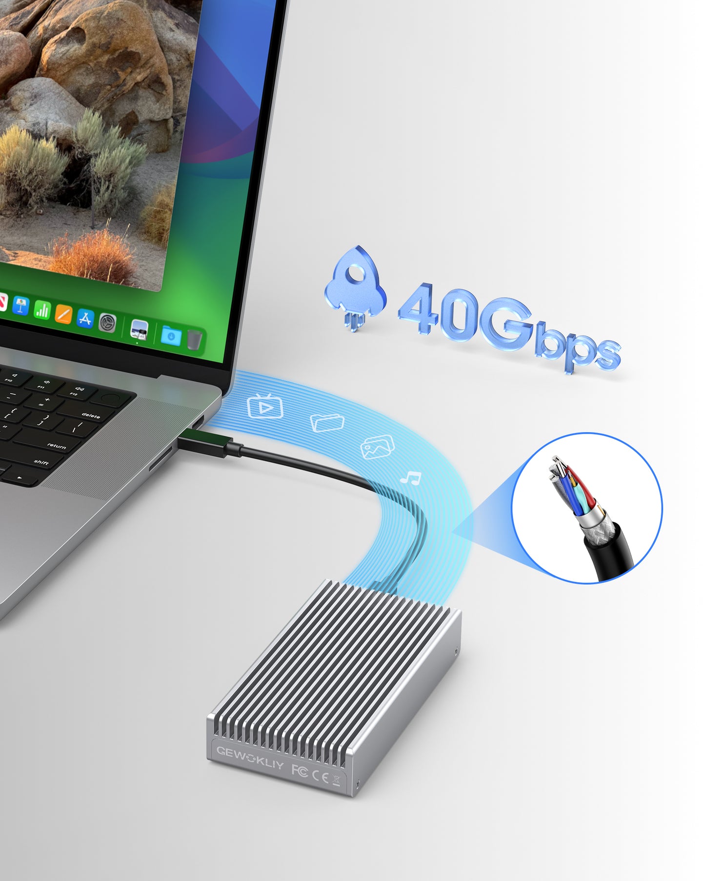 Gewokliy Fanless USB4 40Gbps M.2 NVMe Enclosure Compatible with Thunderbolt4/5(Silver))