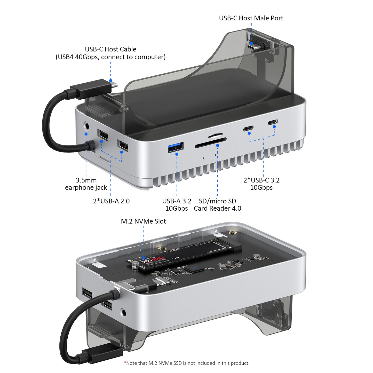 Gewokliy Vertical Mac Mini M4 2024 Dock Stand, 40Gbps USB4 M.2 NVMe SSD Enclosure, Compatible withThunderbolt 4/5, 10Gbps USB Docking Station with SD4.0 Card Reader