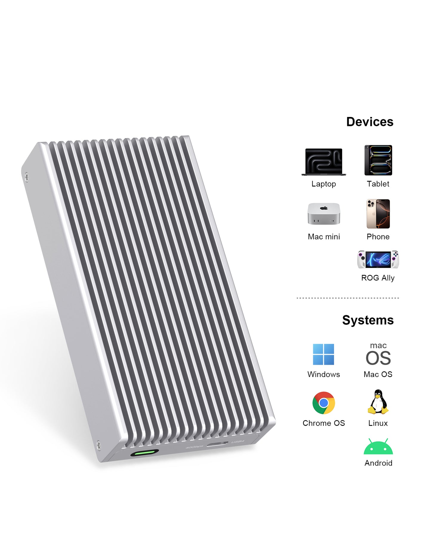 Gewokliy Fanless USB4 40Gbps M.2 NVMe Enclosure Compatible with Thunderbolt4/5(Silver))
