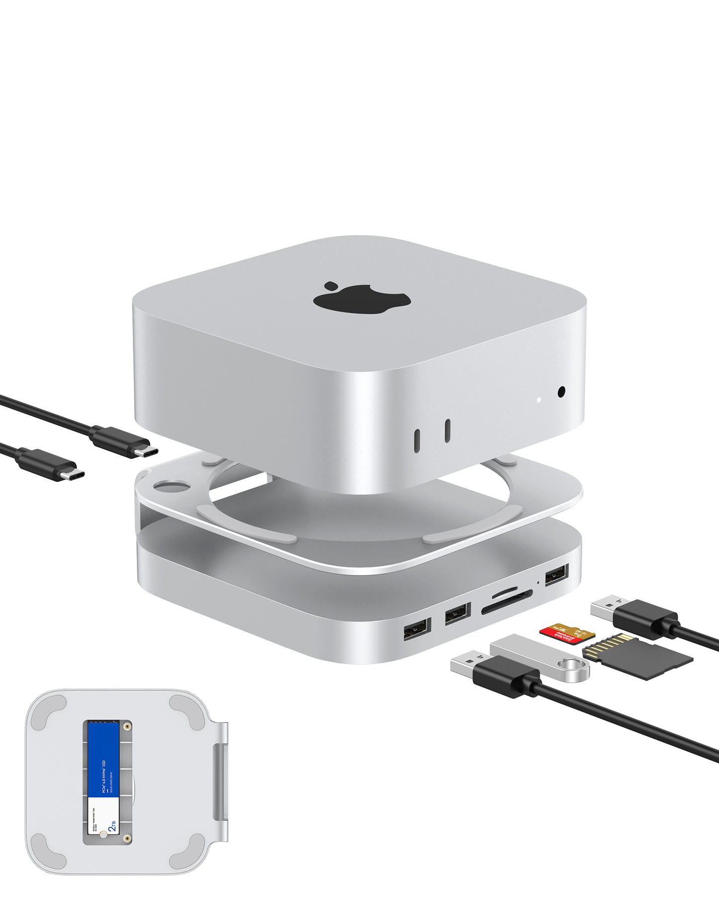 Gewokliy Mac Mini M4 Stand and Hub with M.2 NVMe SSD Enclosure,USB-A 10Gbps, SD/TF Card Readers (Silver)