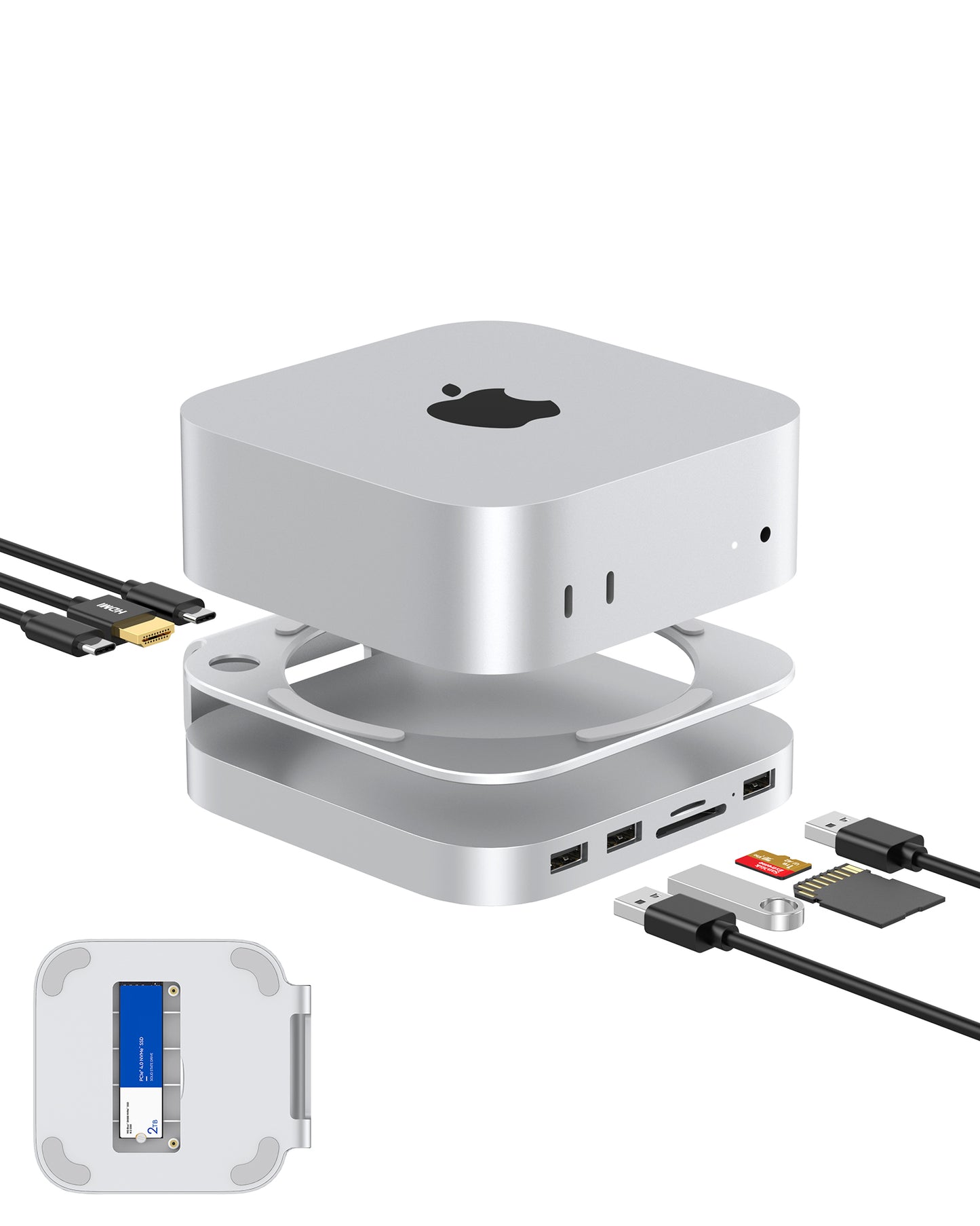 Gewokliy Mac Mini M4 Stand&Hub with M.2 NVMe SSD Enclosure, 4K@60Hz HDMI USB-A 10Gbps, SD/TF Card Readers (Silver)