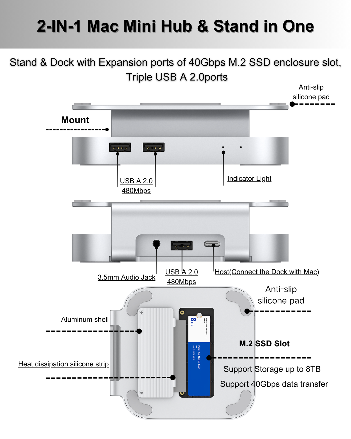 Gewokliy 40Gbps Aluminum Mac Mini M4 2024 Dock & Stand with USB4 M.2 NVMe SSD Enclosure(Silver)