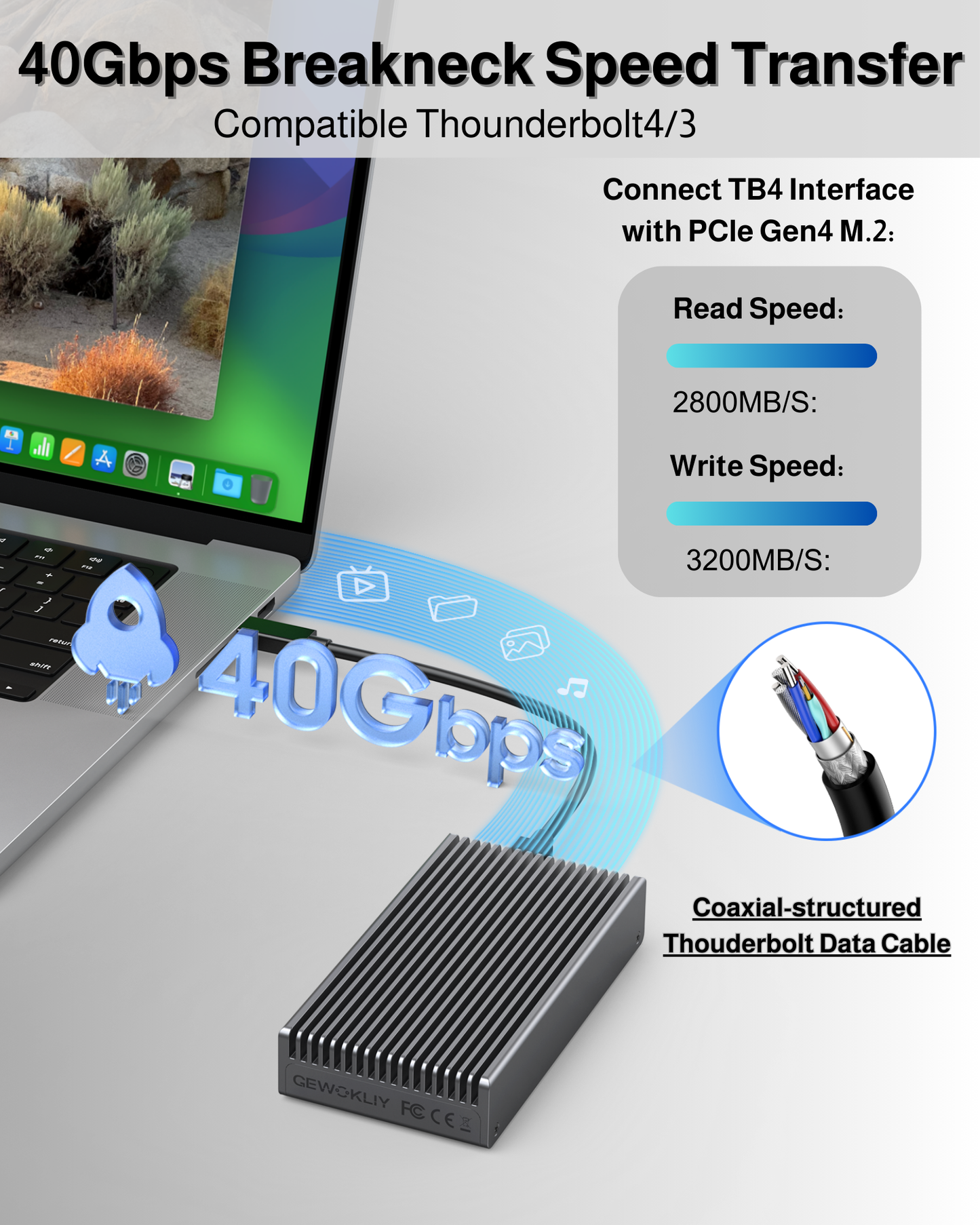 Gewokliy Fanless USB4 40Gbps M.2 NVMe Enclosure Compatible with Thunderbolt4/5(Gray)