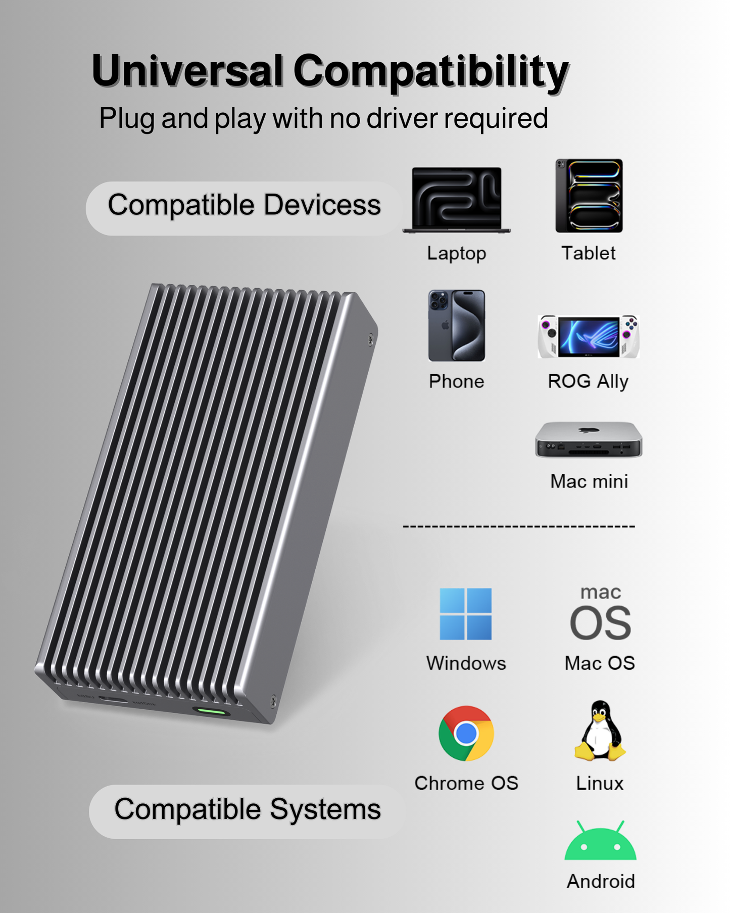 Gewokliy Fanless USB4 40Gbps M.2 NVMe Enclosure Compatible with Thunderbolt4/5(Gray)