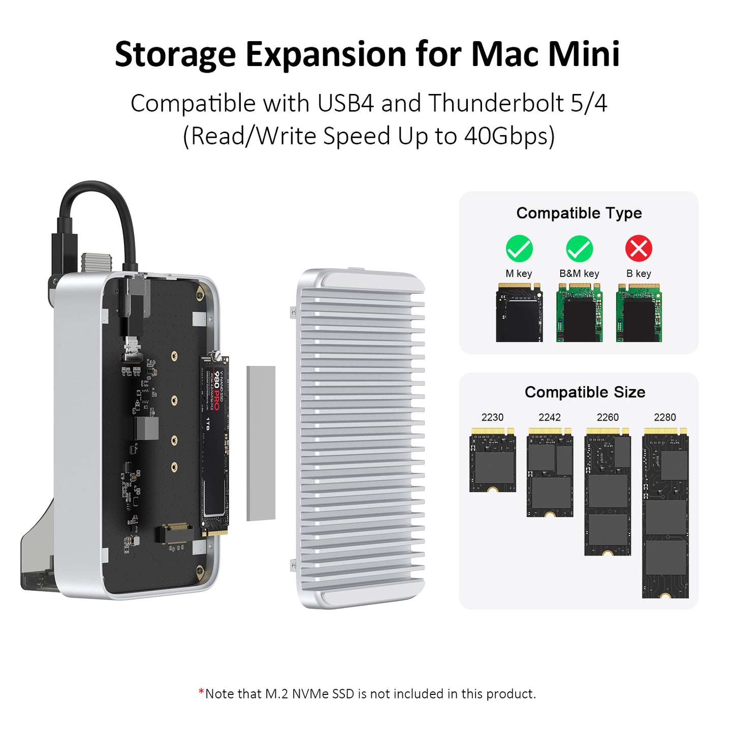 Gewokliy Vertical Mac Mini M4 2024 Dock Stand, 40Gbps USB4 M.2 NVMe SSD Enclosure, Compatible withThunderbolt 4/5, 10Gbps USB Docking Station with SD4.0 Card Reader