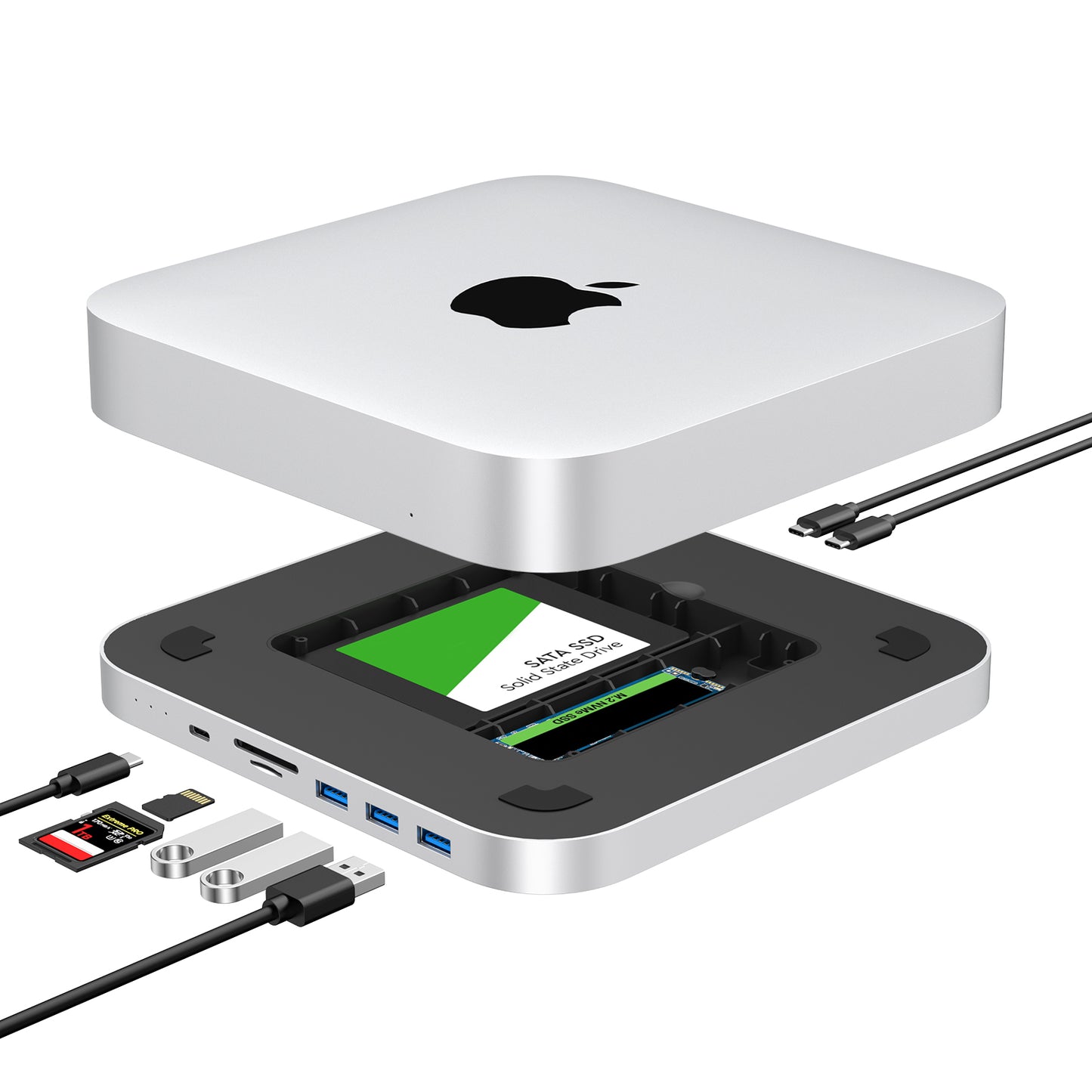 Gewokliy Mac Mini M1/M2 Hub, Mac Studio Dock with 10Gbps M.2 SSD and 2.5'' SATA SSD Enclosure, USB3.2 Gen2 10Gbps(Silver)