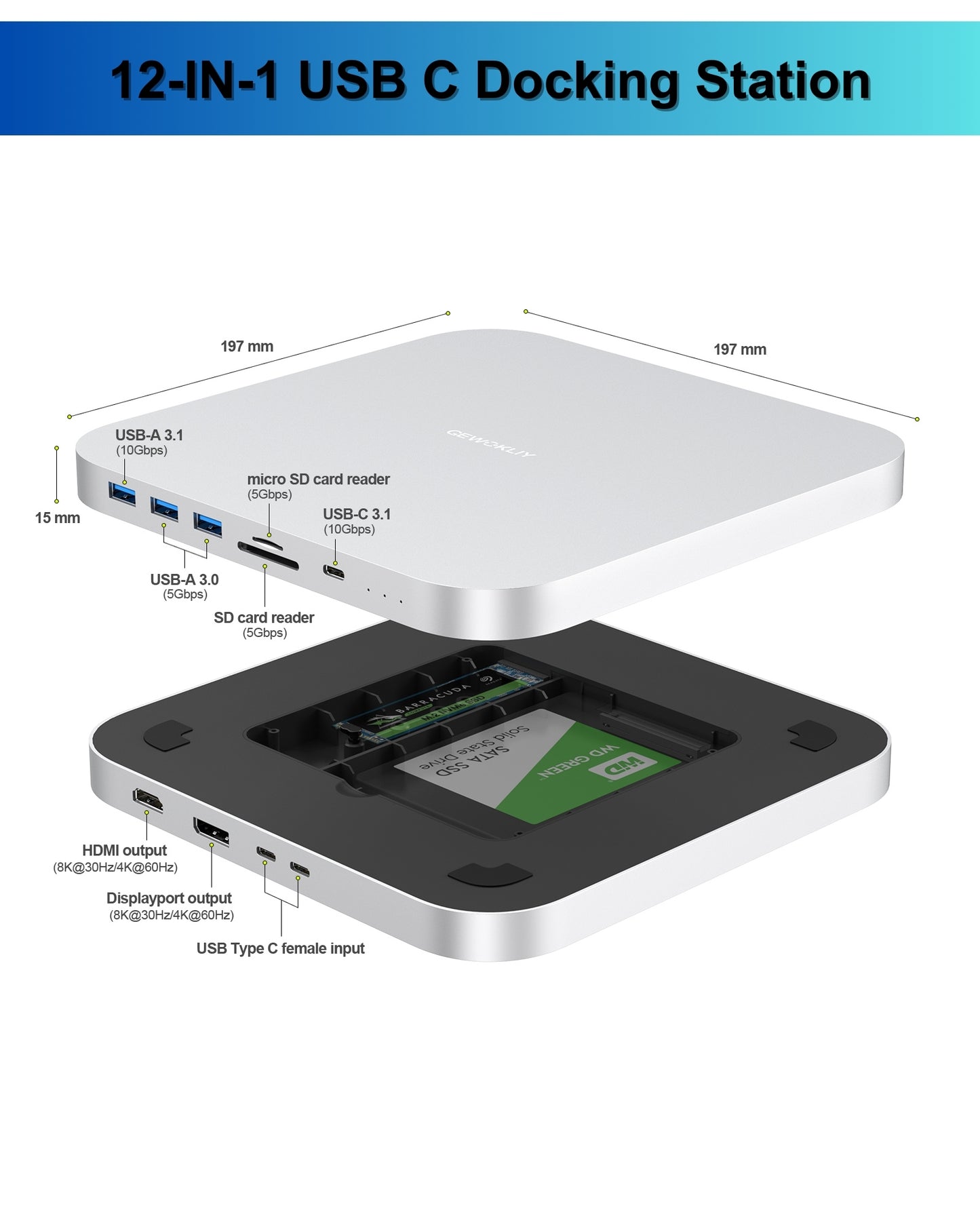 Gewokliy Mac Mini Dock, USB C Docking Station with Dual SSD Enclosure- Fits M.2 NVMe/SATA SSD and 2.5 inch SSD, USB-C 10Gbps, SD/TF Card Readers, Type C Hub for Mac Mini M1/M2/Mac Studio