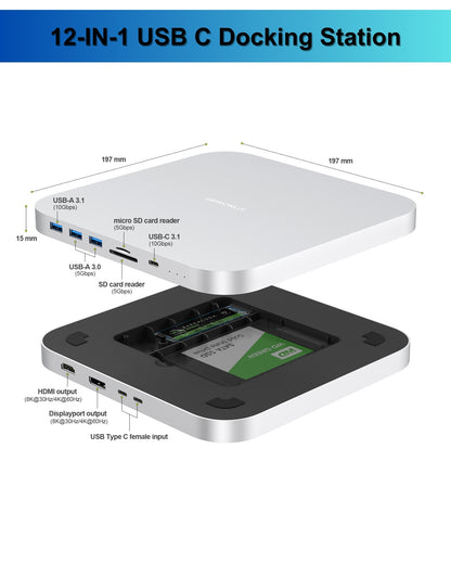 Gewokliy Mac Mini Dock, USB C Docking Station with Dual SSD Enclosure- Fits M.2 NVMe/SATA SSD and 2.5 inch SSD, USB-C 10Gbps, SD/TF Card Readers, Type C Hub for Mac Mini M1/M2/Mac Studio