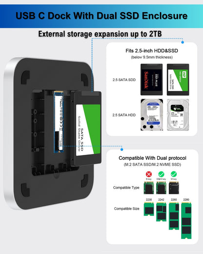 Gewokliy Mac Mini Dock, USB C Docking Station with Dual SSD Enclosure- Fits M.2 NVMe/SATA SSD and 2.5 inch SSD, USB-C 10Gbps, SD/TF Card Readers, Type C Hub for Mac Mini M1/M2/Mac Studio