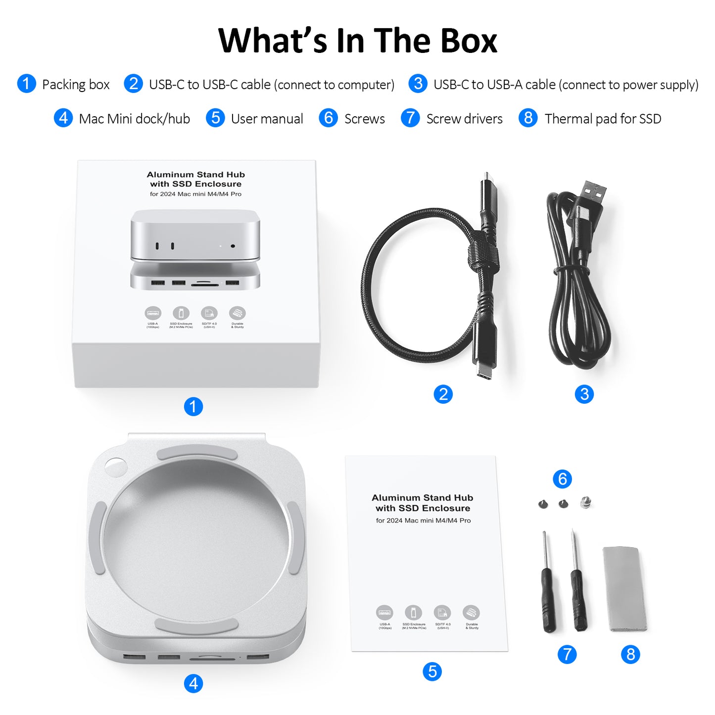 GEWOKLIY Mac Mini M4 Dock, Aluminum Mac Mini Stand and Hub for Mac Mini M4 and M4 Pro 2024 with M.2 NVMe SSD Enclosure, 2X USB-A 10Gbps, SD/TF Card Readers, USB 2.0 Data (Silver)│Accessories