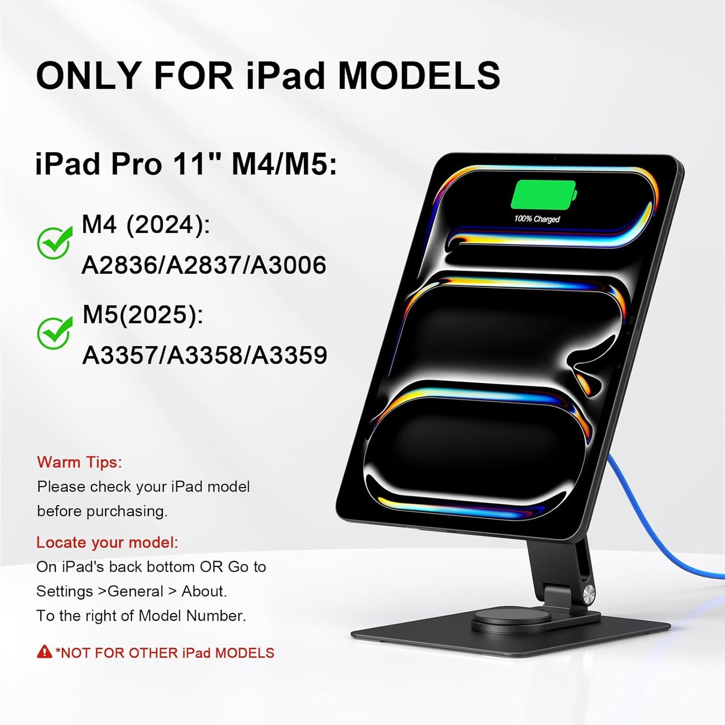 iPad Pro 11" M4/M5 Magnetic Charging Dock, 360° Rotating Aluminum Stand