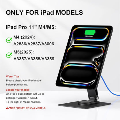 iPad Pro 11" M4/M5 Magnetic Charging Dock, 360° Rotating Aluminum Stand