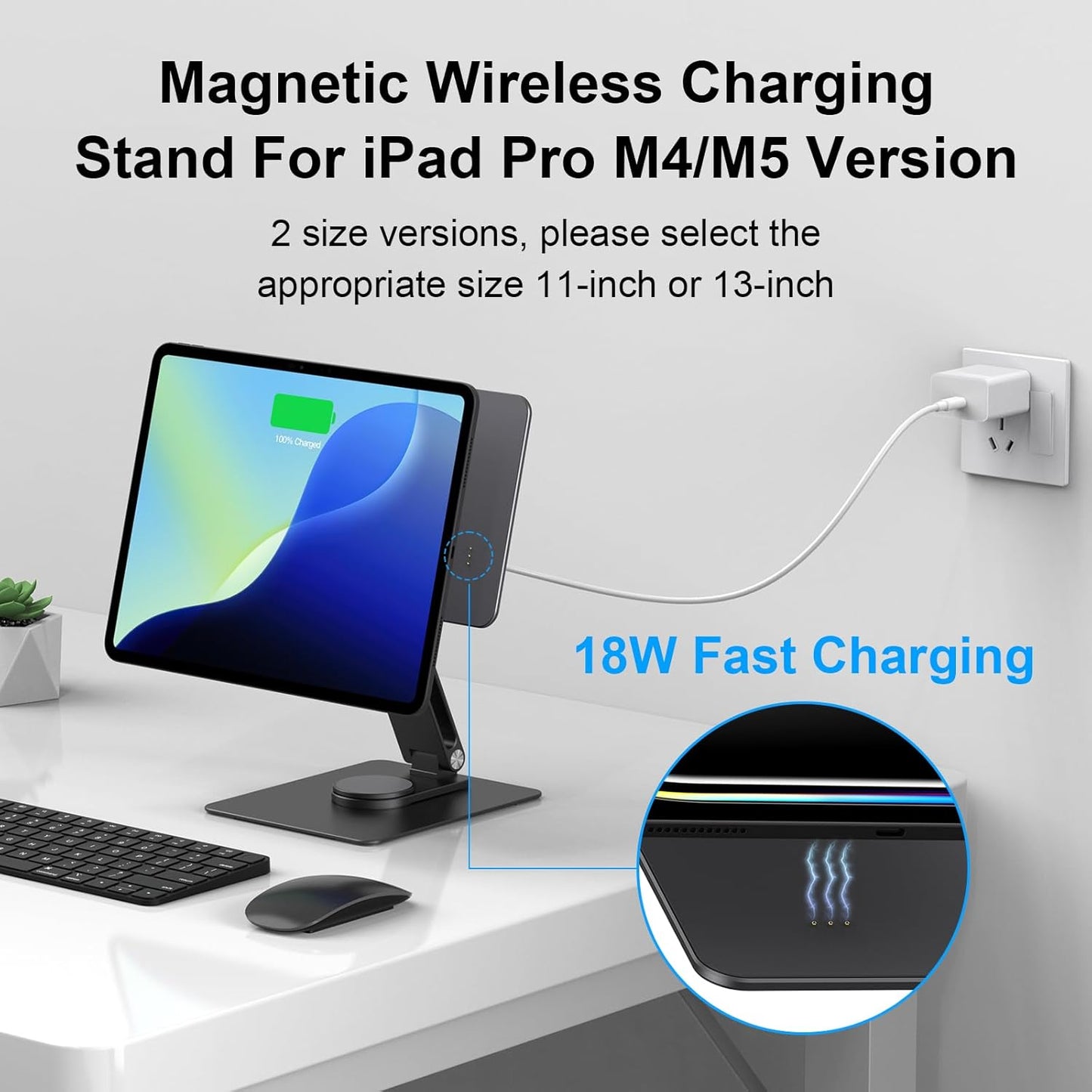 iPad Pro 11" M4/M5 Magnetic Charging Dock, 360° Rotating Aluminum Stand