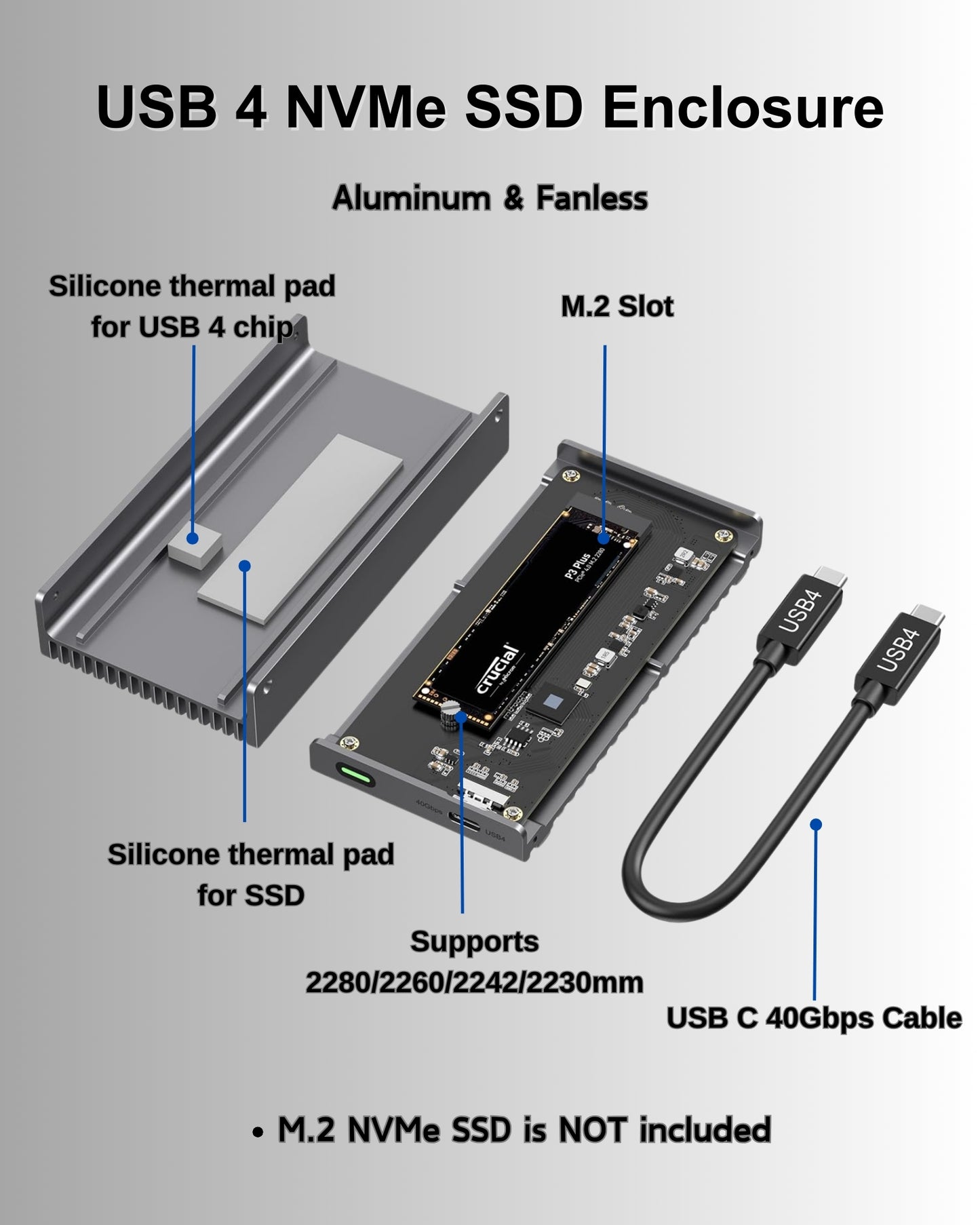 Gewokliy Noiseless 40Gbps M.2 NVMe Enclosure, USB C Aluminum External SSD Enclosure Compatible Thunderbolt4/3 8TB SSD Adapter, PCIe Gen4 M.2 SSD Reader Fits 2280/2260/2242/2230mm M B+M Key