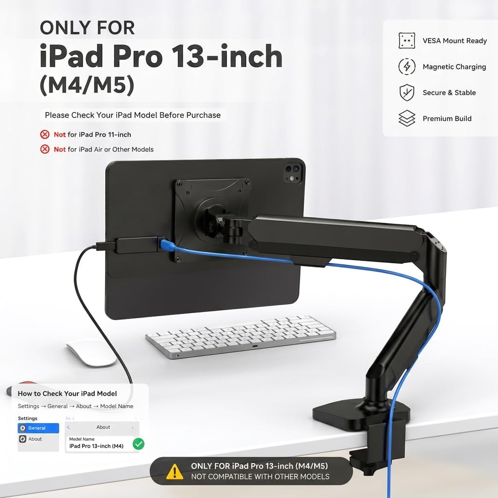 Magnetic Wireless Charging Panel， Aluminum Alloy Adjustable VESA for iPad Pro 13" M4/M5 (2024/2025) ，75/100mm & 17mm Ball Head Compatible (Arm Not Included)