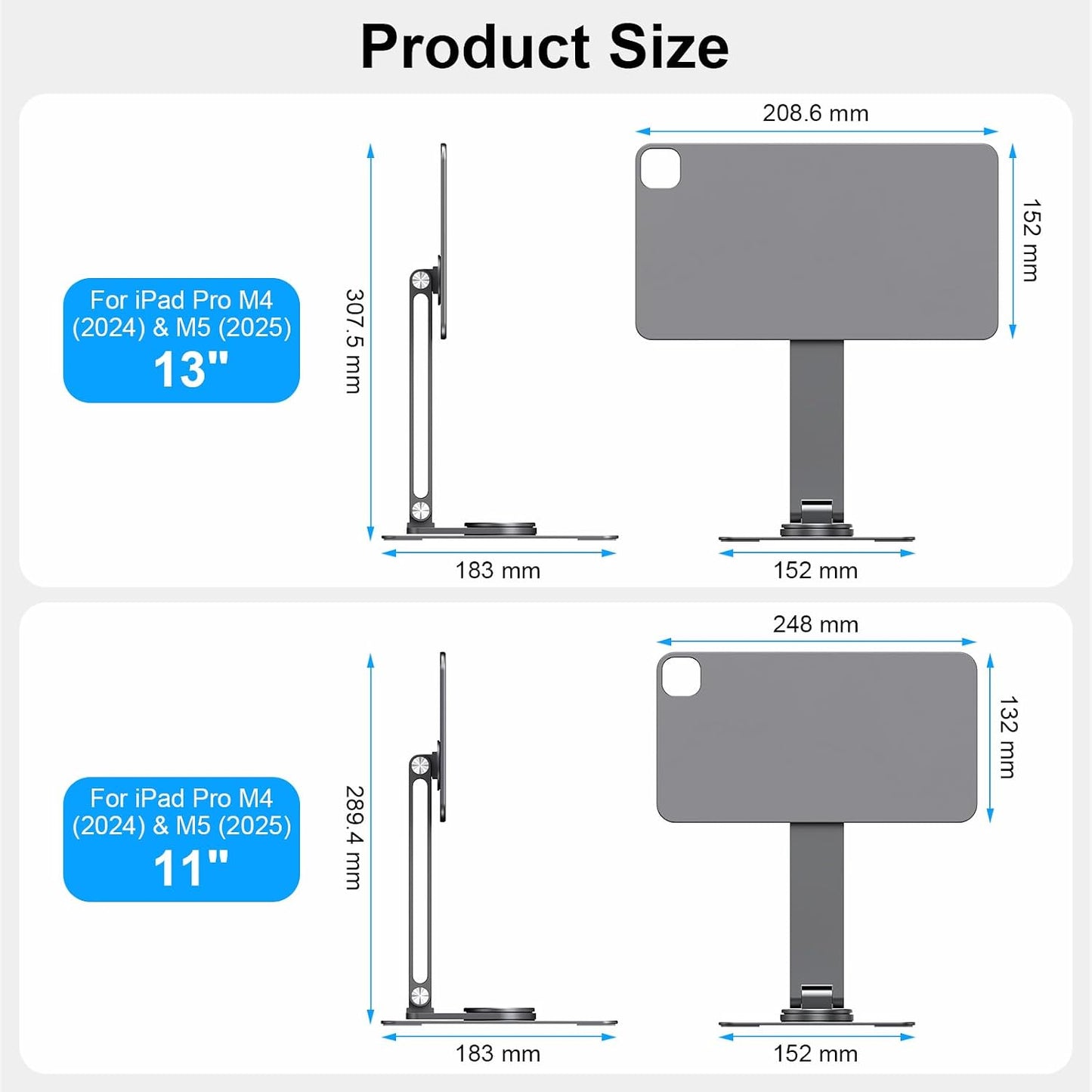 iPad Pro 11" M4/M5 Magnetic Charging Dock, 360° Rotating Aluminum Stand