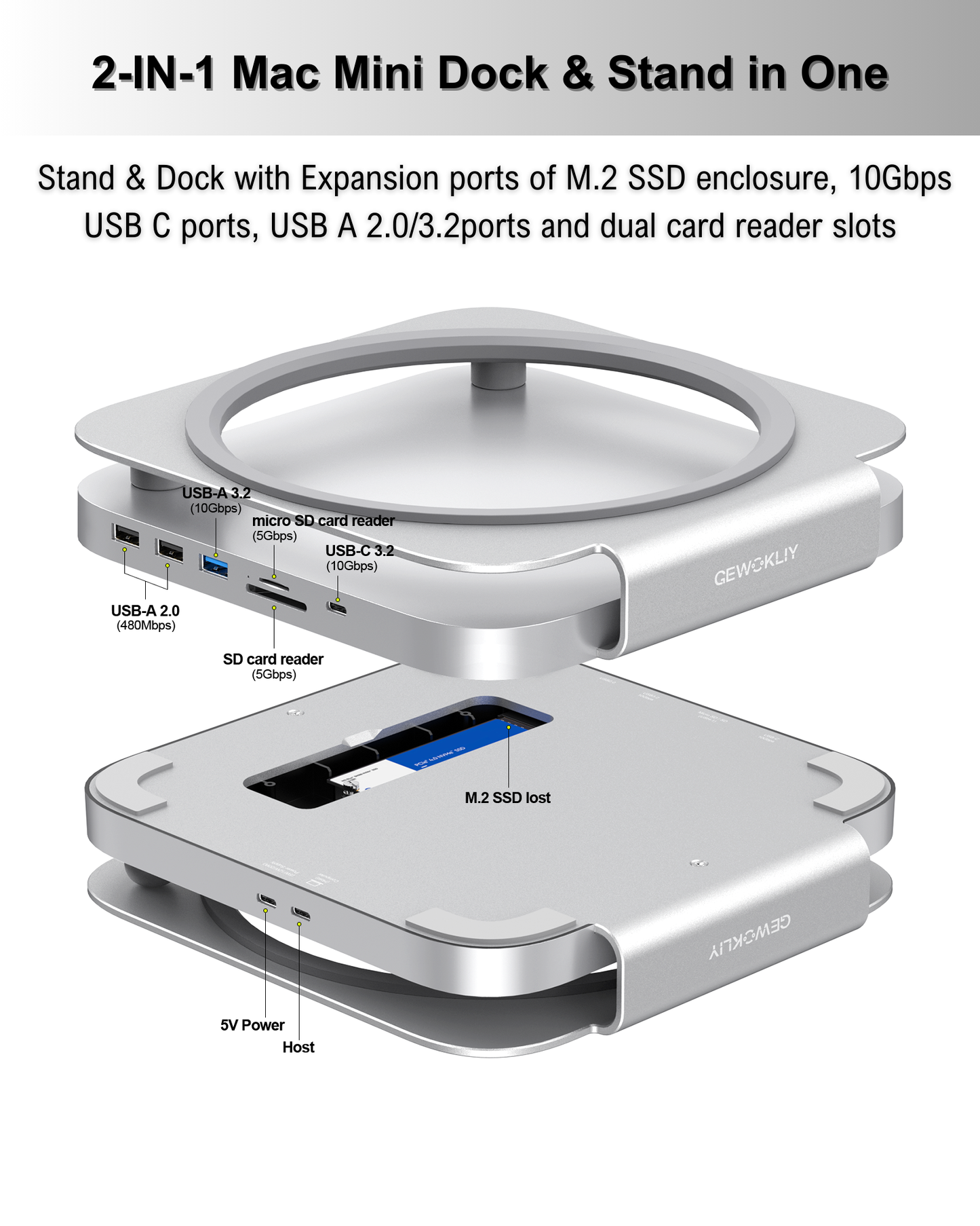 Gewokliy Mac Mini Dock and Stand, Mac Mini Hub with M.2 SSD Enclosure,10Gbps USB A/C Port, Dual Card Reader, Mac Mini Stand for Mac Mini M1 M2 and Mac Studio | Accessories