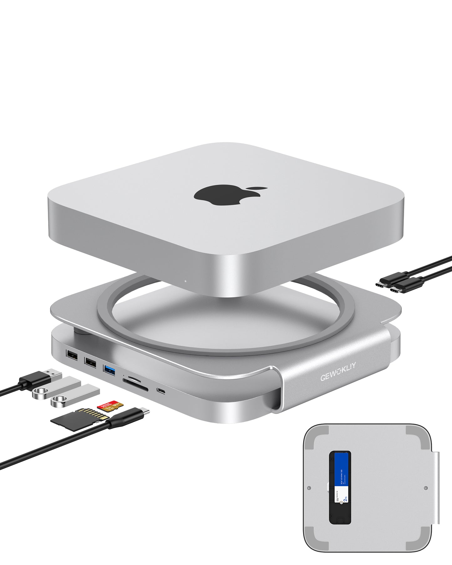 Gewokliy Mac Mini Dock and Stand, Mac Mini Hub with M.2 SSD Enclosure,10Gbps USB A/C Port, Dual Card Reader, Mac Mini Stand for Mac Mini M1 M2 and Mac Studio | Accessories