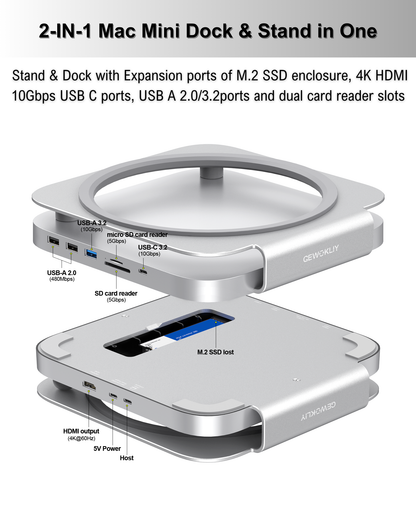 Gewokliy Mac Mini Dock and Stand, USB C Hub with SSD Enclosure for NVME/SATA M.2, 4K HDMI Adapter 10Gbps USB A/C Port, TF/SD Card Reader, Mac Mini Hub for Mac Mini M1/ M2 and Mac Studio | Accessories