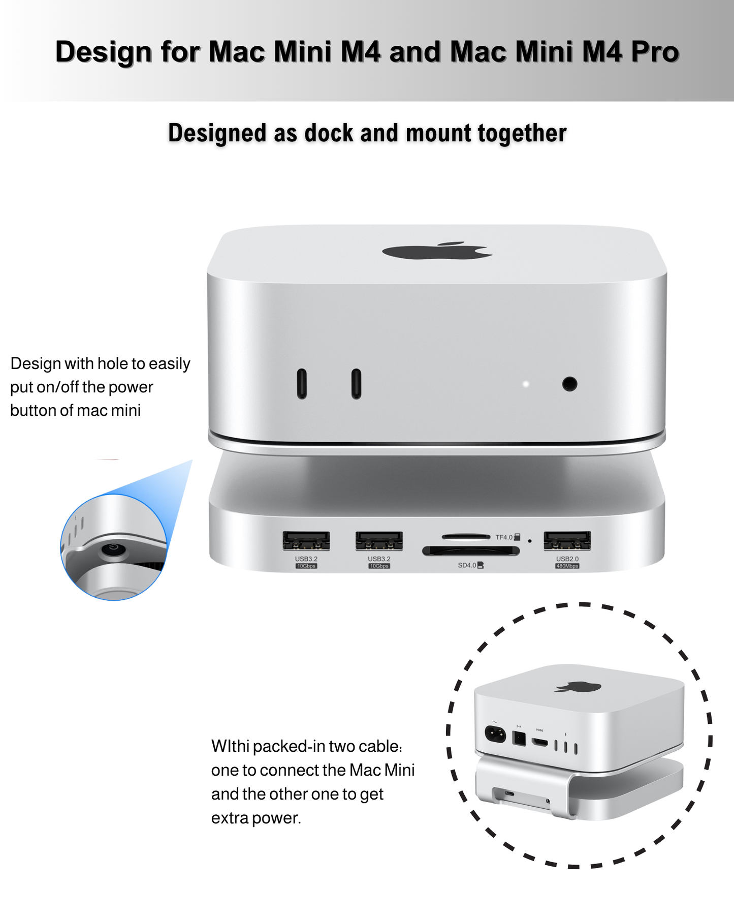 GEWOKLIY Mac Mini M4 Dock, Aluminum Mac Mini Stand and Hub for Mac Mini M4 and M4 Pro 2024 with M.2 NVMe SSD Enclosure, 2X USB-A 10Gbps, SD/TF Card Readers, USB 2.0 Data (Silver)│Accessories