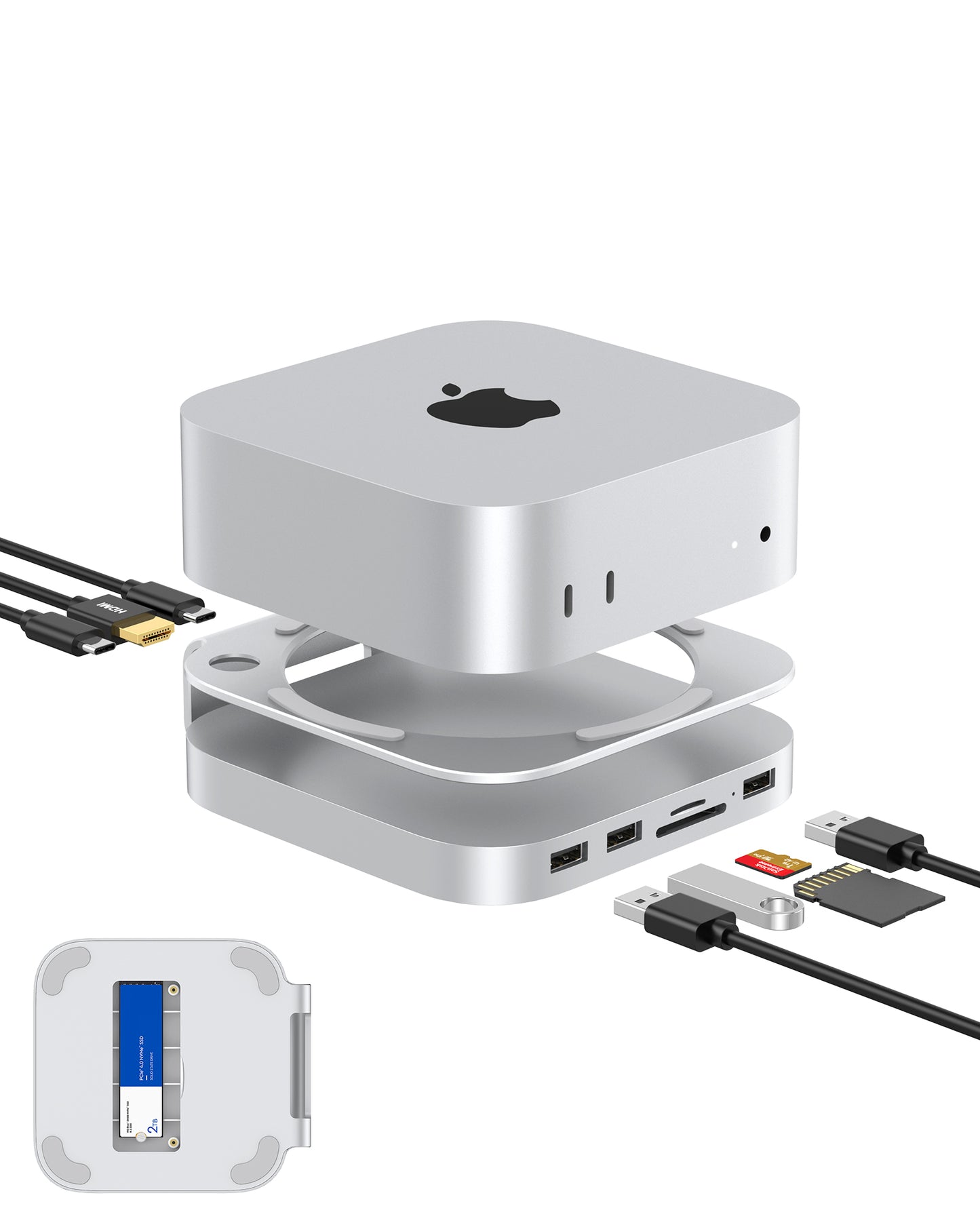 Gewokliy Mac Mini M4 Dock, Aluminum Stand and Hub for Mac Mini M4 and M4 Pro 2024 with M.2 NVMe SSD Enclosure, 4K 60Hz HDMI, 2X USB-A 10Gbps, SD/TF Card Readers, USB 2.0 Data (Silver)│Accessories