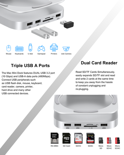 Gewokliy Mac Mini M4 Dock, Aluminum Stand and Hub for Mac Mini M4 and M4 Pro 2024 with M.2 NVMe SSD Enclosure, 4K 60Hz HDMI, 2X USB-A 10Gbps, SD/TF Card Readers, USB 2.0 Data (Silver)│Accessories