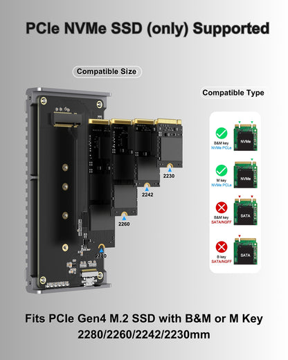 Gewokliy Noiseless 40Gbps M.2 NVMe Enclosure, USB C Aluminum External SSD Enclosure Compatible Thunderbolt4/3 8TB SSD Adapter, PCIe Gen4 M.2 SSD Reader Fits 2280/2260/2242/2230mm M B+M Key