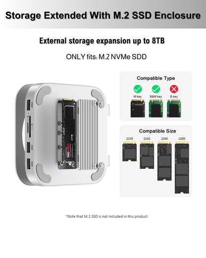 Gewokliy Mac Mini M4 Stand&Hub with M.2 NVMe SSD Enclosure, 4K@60Hz HDMI USB-A 10Gbps, SD/TF Card Readers (Silver)