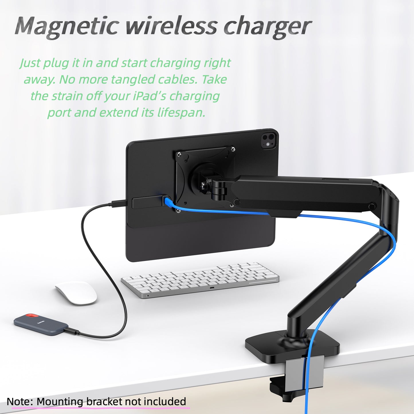 Magnetic Wireless Charging Panel， Aluminum Alloy Adjustable VESA for iPad Pro 13" M4/M5 (2024/2025) ，75/100mm & 17mm Ball Head Compatible (Arm Not Included)